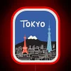Neon sign in Tokyo's cityscape at dusk with vibrant red colors.