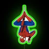 Tom Holland as Spider-Man in front of a colorful, neon-lit sign that reads "Depend".