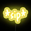 Neon sign with bright yellow letters reading Tommy's Soda Sip in bold, RGB-colored font.