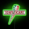 Tony Kart neon sign with RGB colors on a green background