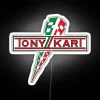 Neon-lit Tony Kart logo on a white background.