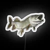 A neon sign of a muskellunge with exaggerated teeth, glowing in bright RGB colors