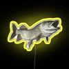 A vibrant neon sign featuring an anthropomorphic muskellunge with glowing teeth.