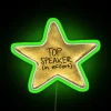 Neon sign of a top speaker in effort with green glow.