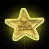 Neon sign with yellow letters spelling out "Top Speaker in Effort" with an RGB background.