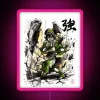 A character from the movie Avatar posing in front of a vibrant neon sign, with mixed media artwork incorporating sumi ink...