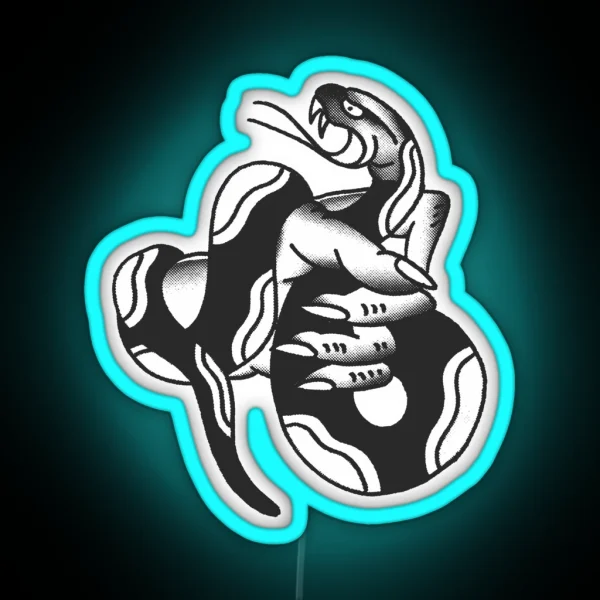 Traditional Hand Holding Snake Tattoo Design RGB Neon Sign