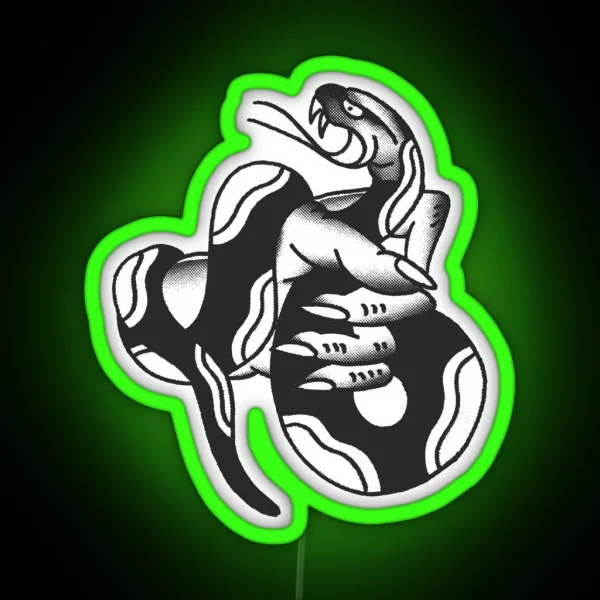 Traditional Hand Holding Snake Tattoo Design RGB Neon Sign