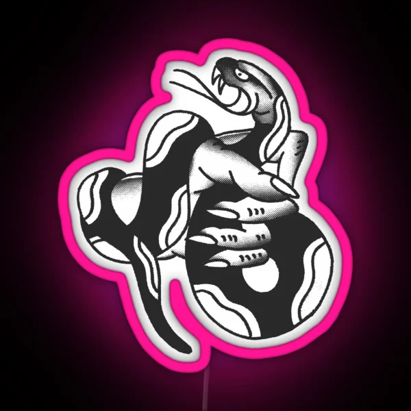 Traditional Hand Holding Snake Tattoo Design RGB Neon Sign