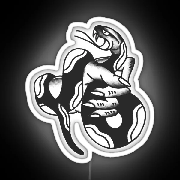 Traditional Hand Holding Snake Tattoo Design RGB Neon Sign