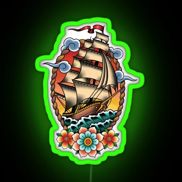 Traditional Tattoo Sailing Ship Clipper Ship RGB Neon Sign