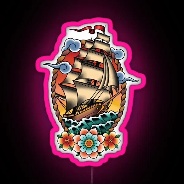 Traditional Tattoo Sailing Ship Clipper Ship RGB Neon Sign