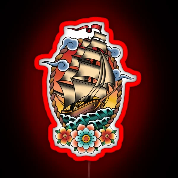 Traditional Tattoo Sailing Ship Clipper Ship RGB Neon Sign