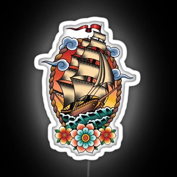 Traditional Tattoo Sailing Ship Clipper Ship RGB Neon Sign