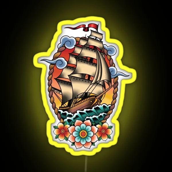Traditional Tattoo Sailing Ship Clipper Ship RGB Neon Sign