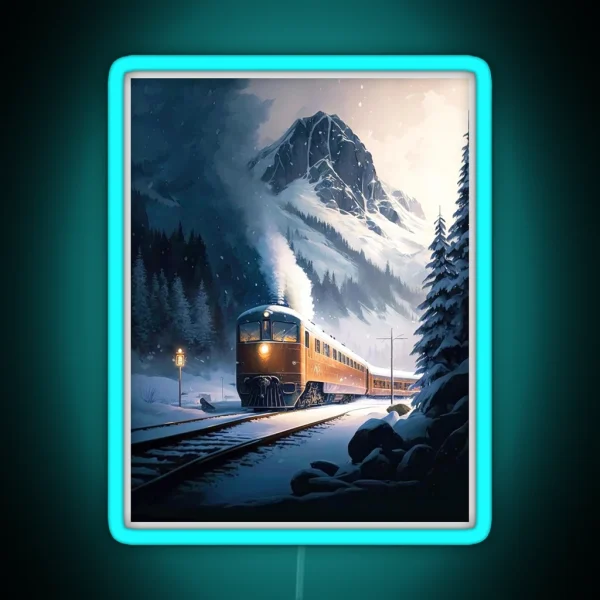 Train In The Snowy Mountains RGB Neon Sign