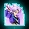 Train approaching with the name "Insaiyan Future Trunks" in neon blue lights on a DBZ-style sign.