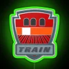 Train passing in front of a bright green neon sign at night