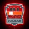 Neon sign in the style of a train with bright red colors.