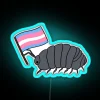 Pill bug under a neon rainbow-colored trans pride flag.