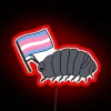 Trans flag with vibrant neon colors on a red background.