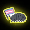 A pill bug with a trans flag on its back, surrounded by a neon glow, set against a yellow background.