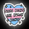 Protest sign with 'Trans Rights Are Human Rights' in bold neon letters, symbolizing equality and acceptance.