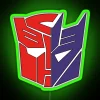 RGB neon sign featuring the logos of Autobots and Decepticons from the Transformers franchise.