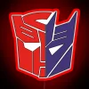 Colorful Transformers neon sign with Autobots and Decepticons symbols in RGB.