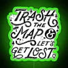 Adventure travel concept with a trash map being discarded, surrounded by neon lights and greenery.
