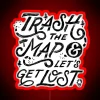 A traveler's map with a red X marked through it, surrounded by neon signs and design elements