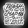 A traveler standing in front of a white neon sign with a map-shredding theme, ready to get lost on an adventure.