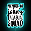 Glowing neon sign reading 'Treasure Squad' in bold, cursive handwriting