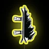 Neon-lit tree-shaped sign with yellow and RGB colors against a dark background.