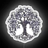 Neon silver sign with RGB lighting, featuring a stylized tree of life design.