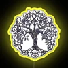 Neon sign with RGB colors and silver metallic finish featuring a tree of life design.