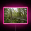 A walkway through vibrant treetops, illuminated by neon hues in a lush rainforest landscape.