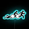 Neon sign with triathlon-themed RGB colors and glowing blue accents.