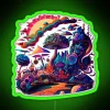 Vibrant neon mushrooms in psychedelic colors against a green background.