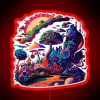 Vibrant, trippy, psychedelic mushroom neon sign in RGB colors.