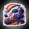 Vibrant neon mushrooms in psychedelic colors against a white background.