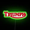 Triumph motorcycle logo on a neon sign in RGB colors.