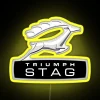 Triumph Stag logo illuminated in neon yellow on a colorful RGB background.
