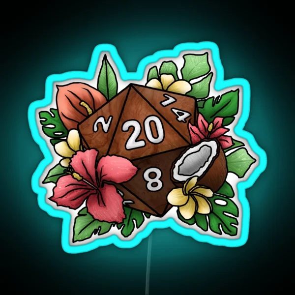 Tropical D20 Tabletop RPG Gaming Dice RGB Neon Sign