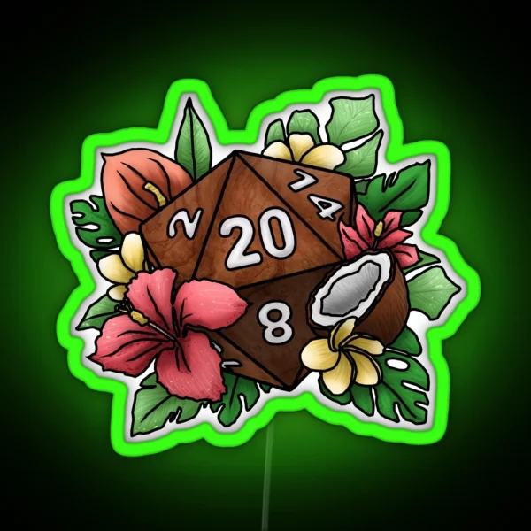Tropical D20 Tabletop RPG Gaming Dice RGB Neon Sign