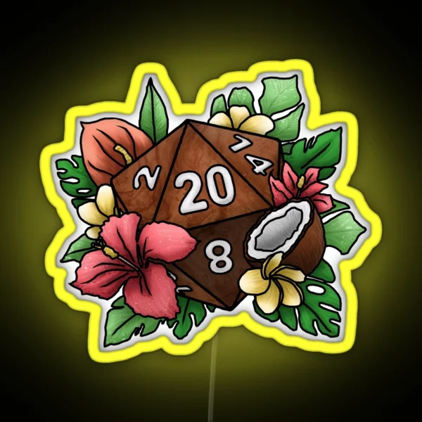 Tropical D20 Tabletop RPG Gaming Dice RGB Neon Sign