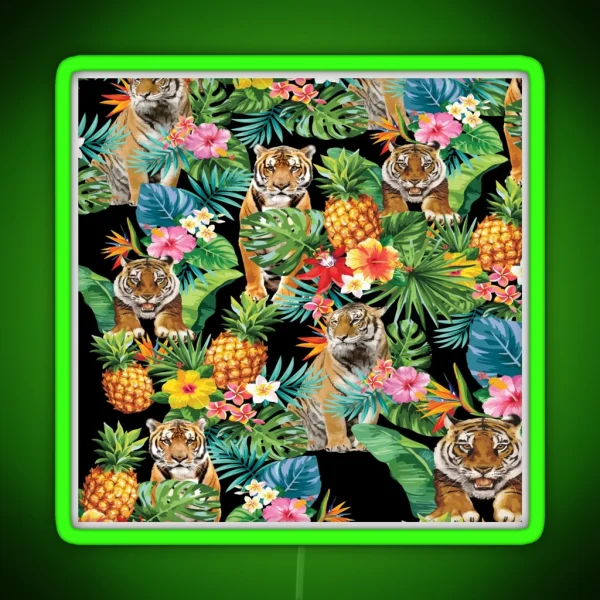 Tropical Pineapple Hiding Tiger Pattern RGB Neon Sign