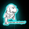 Neon sign reading 'Trust Me, I'm Dogtor' in blue RGB lights.