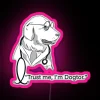 Neon sign with a dog dressed as a doctor in front of a pink background.