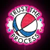Retro Philadelphia basketball team graphic with neon lights, emphasizing trust in the process.